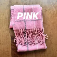 ピンク チェック柄 マフラー フリンジ付き　薄手