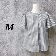 5122 ブラウス M グレー ストライプ フレアスリーブ 上品 きれいめ