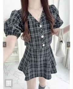 カーディガン×ミニスカートチェック柄ツイードセットアップ【sm246】