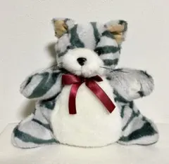猫 ぬいぐるみ ハンドパペット　グレー 縞模様 リボン付き　レトロ　希少