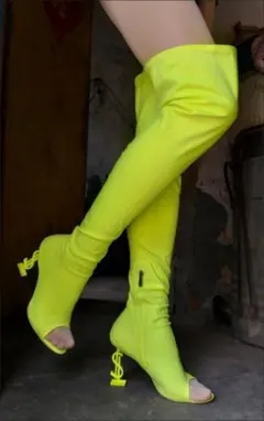 欧米風　ネオンイエロー ニーハイブーツ YSLロゴヒール 25.5cm