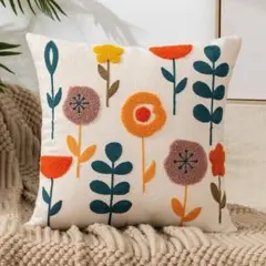 北欧刺繍 クッションカバー 花柄 インテリア コットン　リネン素材のサムネイル