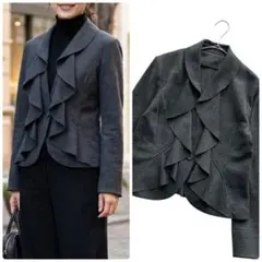 【極美品】ヒロコビス テーラードジャケット フリル ウール グレイ 11サイズ