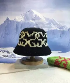 【新品】ジャガード模様 クラッシャーハット クロシェハット 黒 手編み