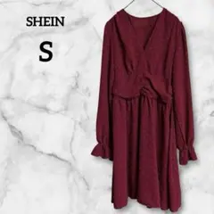 大特価✨SHEIN【S】バーガンディ ドット柄 ワンピース Vネック きれいめ