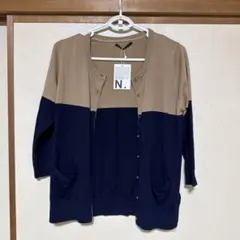 N. ベージュネイビー 五分袖カーディガン