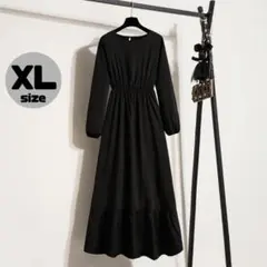 ロングワンピース　フォーマル　プリーツ　長袖　セレモニー　　ブラック　XL