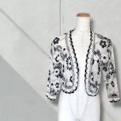 【レディース】カーディガン 花柄刺繡 レース ショート丈 七分袖 前開き 透け感