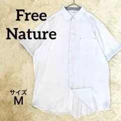 FreeNature 麻混 半袖ボタンダウンシャツ ホワイト L ストライプ切替のサムネイル