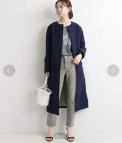 IENA イエナ　ノーカラーコート　ネイビー　サイズ36 コットン リネン混