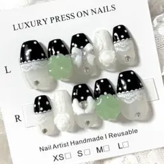 現品୨୧韓国ウィッシュコアネイルチップ　黒　薔薇レース羽　クローバー　バレリーナ