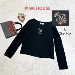 クロスステッチ刺繍 ✨ピンクハウス ブ 長袖Tシャツ カットソー 黒 バラ Lのサムネイル