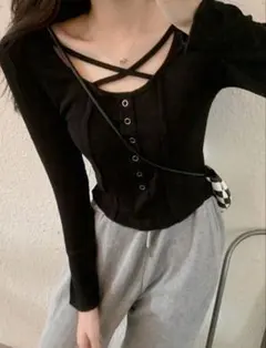 クロスストラップ 長袖 カットソー ブラック