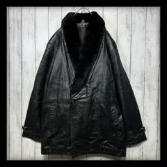 【VINTAGE☆襟ファー☆レザーコート】シープスキン☆ベルト付　XL 黒　羊革