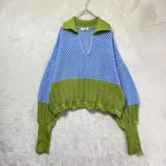 heyumm/襟付きメッシュニット/リブ袖/F/バイカラー ショート丈