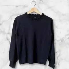 レディース ニット トップス フリルネック リブ袖 ブラック M 重ね着