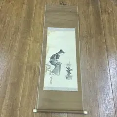掛軸 雪洲 美人画 落款あり 桃の花 雪洲散史 彩色画 日本画 人物画