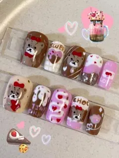【サイズXS】チョコレートクマ　ネイルチップ完成品　激安2点セット‼︎　手描き