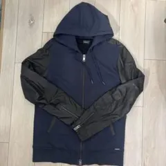 DIESEL ネイビー フルジップ パーカー　レザー