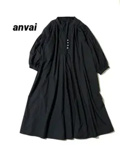 【美品】anvai ボリュームスリーブ ギャザーワンピース コットン Aライン