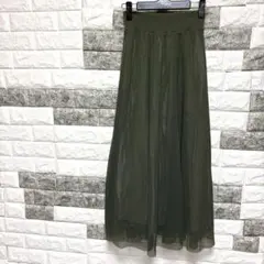 美品【Jines】ジネスメッシュ フレアロングスカートMオリーブW総ゴムシンプルのサムネイル