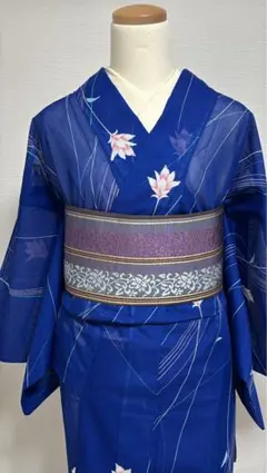 夏帯 名古屋帯 絽つづれ 正絹 銀糸 枝花柄 紺色 着物 AO-0761 - メルカリ
