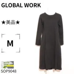 美品★グローバルワーク 長袖ワンピース シンプル ミディ丈 綿混 黒 M 古着