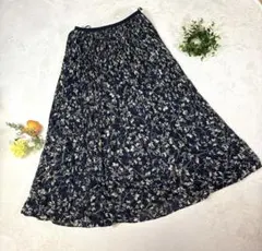 極美品 【ユニクロ】《M》 プリーツシフォンスカート ロング丈 花柄 ネイビー