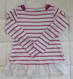 Noeil aime BeBeストライプ 長袖カットソー 白/ピンク フリル付き