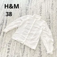 H&M レース ブラウス 38 白 フリル コットン 長袖 インド製 透け感