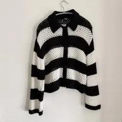 H&M メッシュ編みカーディガン　ボーダー　ブラック　ホワイト　Mサイズ