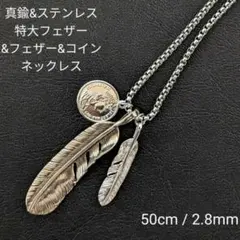 真鍮&ステンレス　シルバー　特大フェザー&コイン&フェザー　マリア　ネックレス