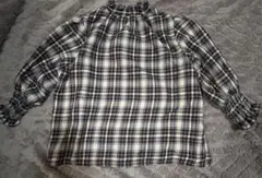 チェック柄フリルネックシャツ M