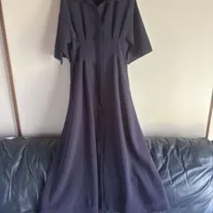 ネイビー 半袖 シャツワンピース ロング丈