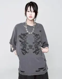 REFREM ドラゴン刺繍ダメージ半袖Tシャツ