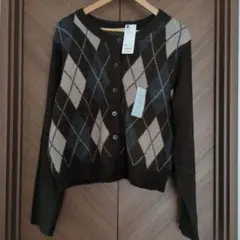 GU パフニットアーガイルクルーネックカーディガン XXL ダークブラウン
