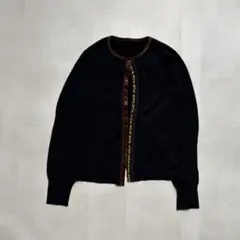 【デザインカーディガン】レリアン　ビジュー　シルク　毛　黒　古着