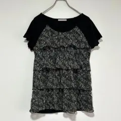 n0847【エルプラネット】花柄ティアードフリル ドッキングカットソー ブラックのサムネイル