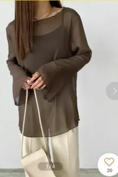 JUNOAH シアーボートネックフレアスリーブジュノア ブラウン L新品タグつき