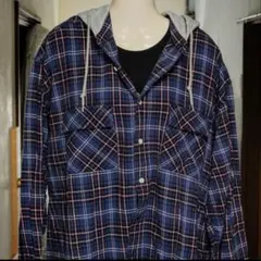 XLARGE サイズL フード付き フランネルチェックシャツ／ネイビー