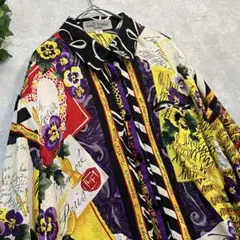 シルク 白黒紫 スカーフ調 パンジー 花柄 英字 ヴィンテージ 派手 柄シャツ