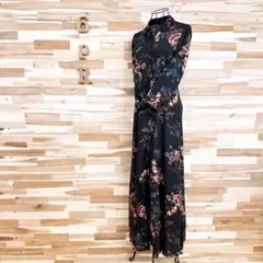 【ザラ】レーヨン 花柄 フラワー ロング シャツ ワンピース S 黒×ピンク