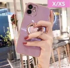 iPhoneX /XS ケース リング付 スマホリング パープル 高級感　ピンク