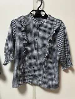 ギンガムチェック フリルシャツ 五分袖