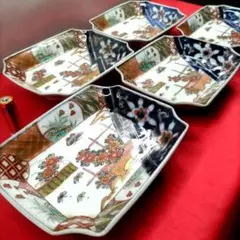 有田焼伊万里焼古伊万里金彩色絵小皿角皿長角皿刺し身皿5客セット①のサムネイル