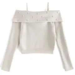 オフショルダーパールニットトップス アイボリー