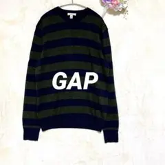 a666【ギャップ】ボーダーニットセーター ネイビー/オリーブM ウール100%