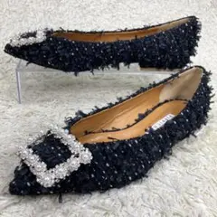 ピッピシック フラットパンプス ビジュー Vカット パール ツイード