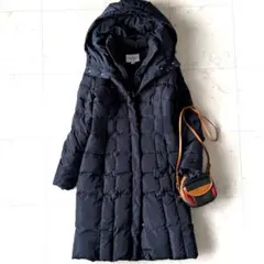 極美品 コールハーン ネック付き ロングダウンコート ネイビー 金ファスナー