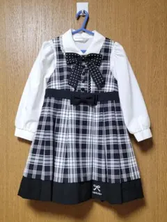 入園卒園に！サイズ１００フォーマルワンピース 黒白チェック柄 リボン付き